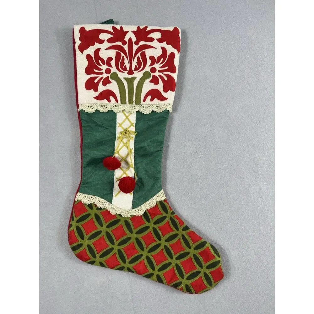 Pier 1 Set Of 2 Vintage-Style Christmas Stockings with Intricate Felt Appliqué